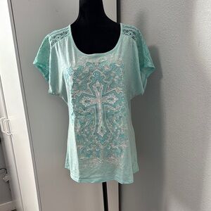 Daytrip Mint Lace Sleeve Cross Tee